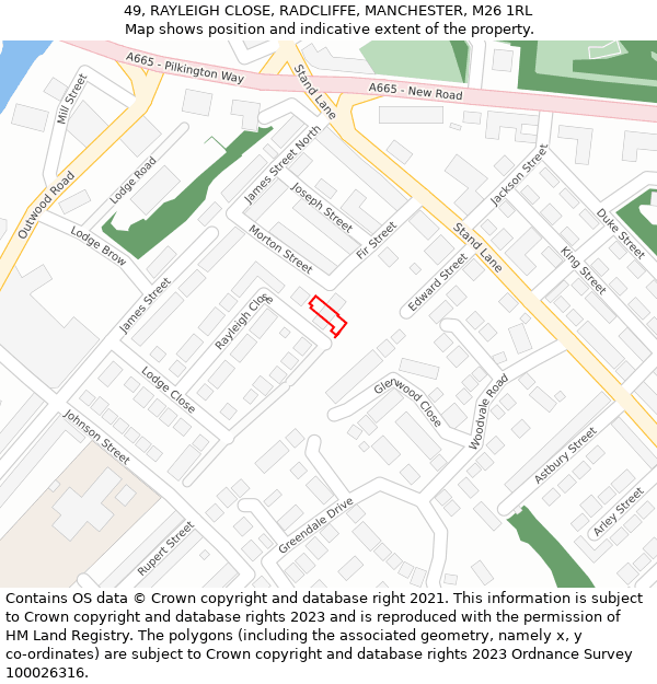 49, RAYLEIGH CLOSE, RADCLIFFE, MANCHESTER, M26 1RL: Location map and indicative extent of plot