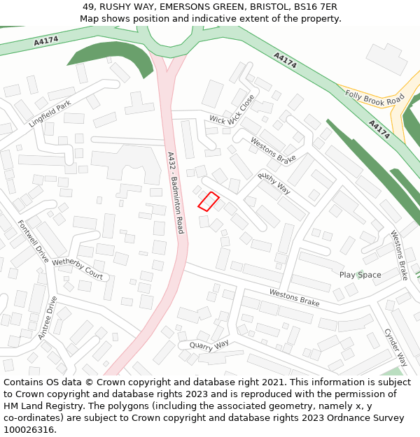 49, RUSHY WAY, EMERSONS GREEN, BRISTOL, BS16 7ER: Location map and indicative extent of plot