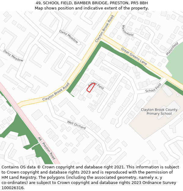 49, SCHOOL FIELD, BAMBER BRIDGE, PRESTON, PR5 8BH: Location map and indicative extent of plot