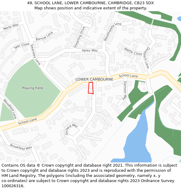 49, SCHOOL LANE, LOWER CAMBOURNE, CAMBRIDGE, CB23 5DX: Location map and indicative extent of plot