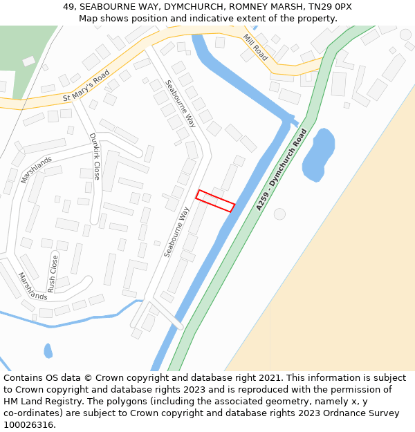 49, SEABOURNE WAY, DYMCHURCH, ROMNEY MARSH, TN29 0PX: Location map and indicative extent of plot