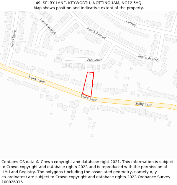 49, SELBY LANE, KEYWORTH, NOTTINGHAM, NG12 5AQ: Location map and indicative extent of plot