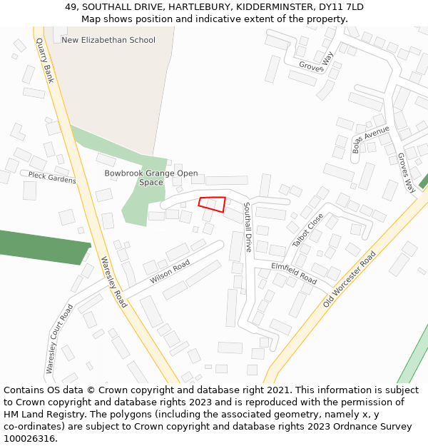 49, SOUTHALL DRIVE, HARTLEBURY, KIDDERMINSTER, DY11 7LD: Location map and indicative extent of plot
