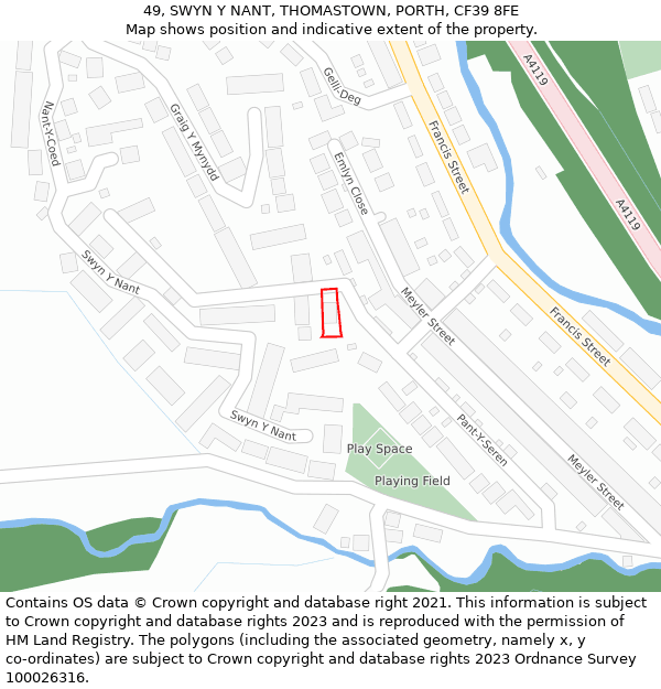 49, SWYN Y NANT, THOMASTOWN, PORTH, CF39 8FE: Location map and indicative extent of plot