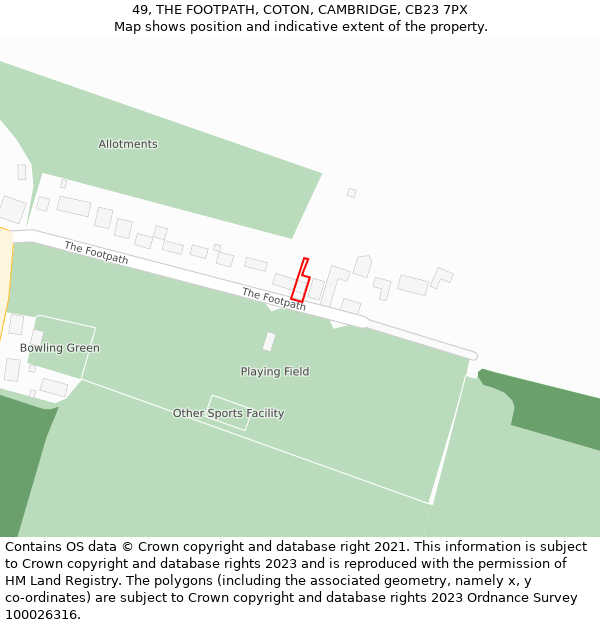 49, THE FOOTPATH, COTON, CAMBRIDGE, CB23 7PX: Location map and indicative extent of plot