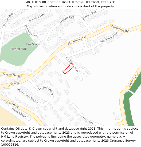 49, THE SHRUBBERIES, PORTHLEVEN, HELSTON, TR13 9FG: Location map and indicative extent of plot