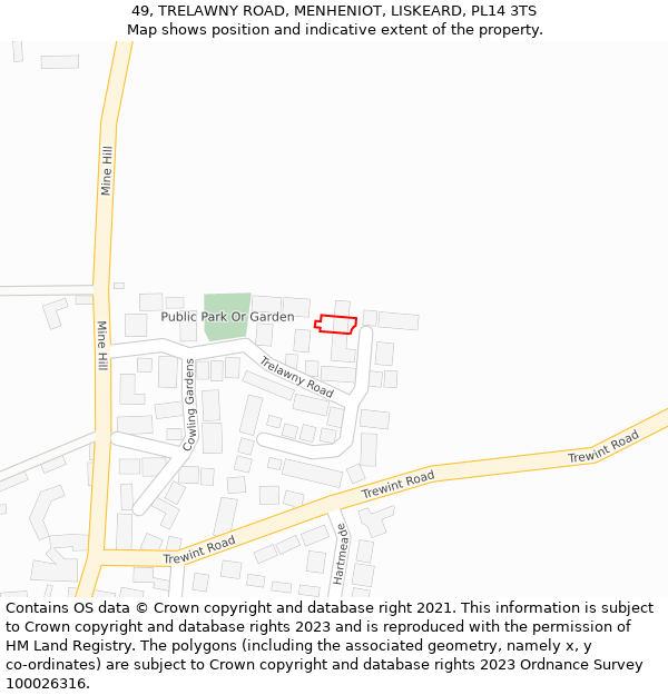 49, TRELAWNY ROAD, MENHENIOT, LISKEARD, PL14 3TS: Location map and indicative extent of plot