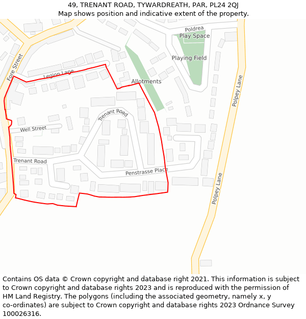 49, TRENANT ROAD, TYWARDREATH, PAR, PL24 2QJ: Location map and indicative extent of plot