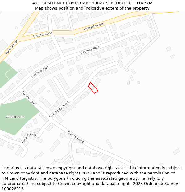 49, TRESITHNEY ROAD, CARHARRACK, REDRUTH, TR16 5QZ: Location map and indicative extent of plot