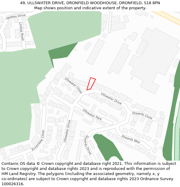 49, ULLSWATER DRIVE, DRONFIELD WOODHOUSE, DRONFIELD, S18 8PN: Location map and indicative extent of plot