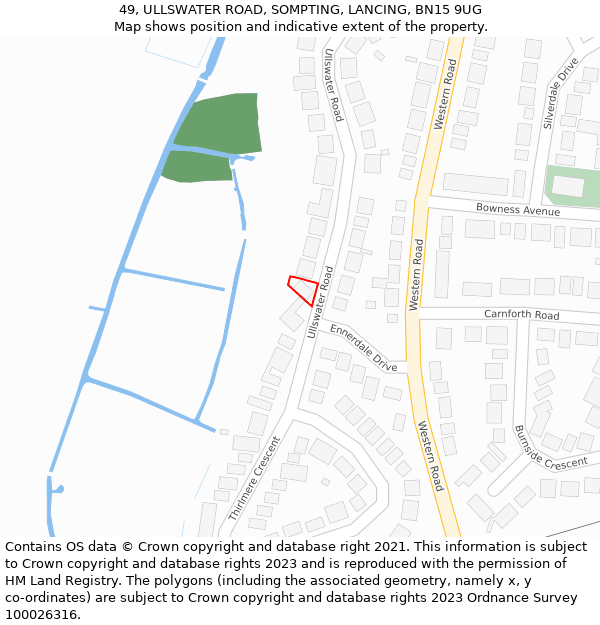 49, ULLSWATER ROAD, SOMPTING, LANCING, BN15 9UG: Location map and indicative extent of plot