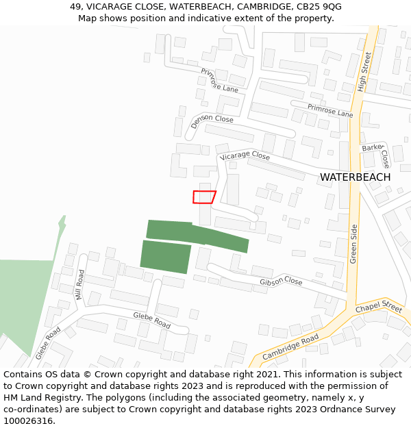 49, VICARAGE CLOSE, WATERBEACH, CAMBRIDGE, CB25 9QG: Location map and indicative extent of plot