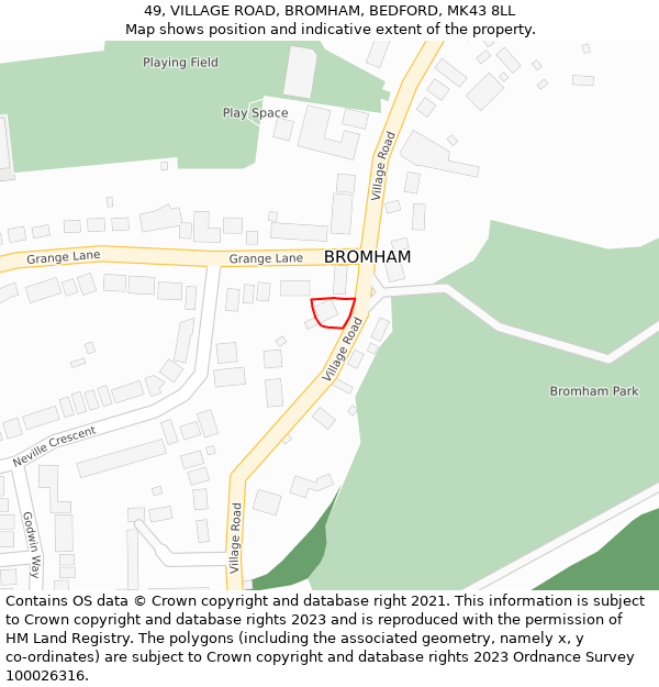 49, VILLAGE ROAD, BROMHAM, BEDFORD, MK43 8LL: Location map and indicative extent of plot