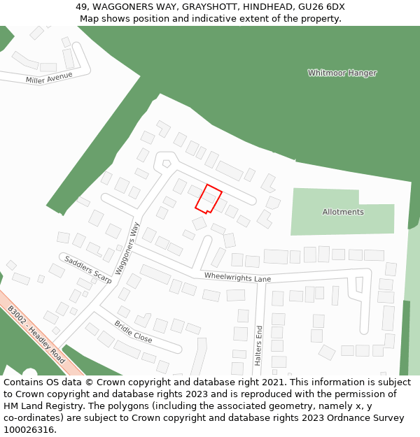 49, WAGGONERS WAY, GRAYSHOTT, HINDHEAD, GU26 6DX: Location map and indicative extent of plot