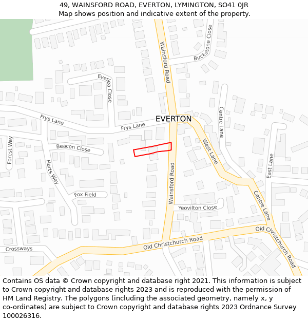 49, WAINSFORD ROAD, EVERTON, LYMINGTON, SO41 0JR: Location map and indicative extent of plot