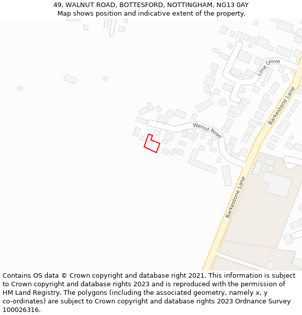 49, WALNUT ROAD, BOTTESFORD, NOTTINGHAM, NG13 0AY: Location map and indicative extent of plot