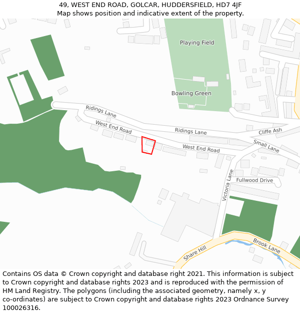 49, WEST END ROAD, GOLCAR, HUDDERSFIELD, HD7 4JF: Location map and indicative extent of plot