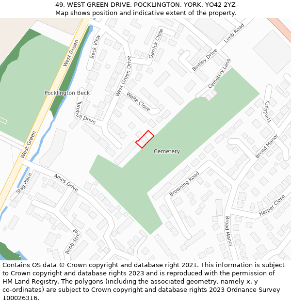 49, WEST GREEN DRIVE, POCKLINGTON, YORK, YO42 2YZ: Location map and indicative extent of plot