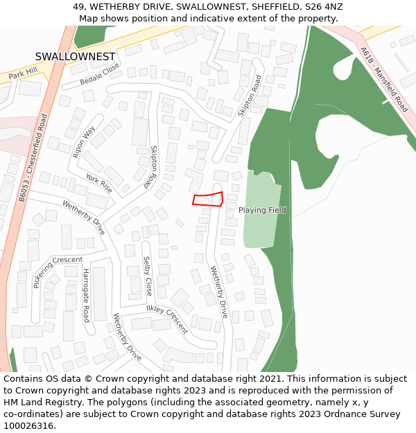 49, WETHERBY DRIVE, SWALLOWNEST, SHEFFIELD, S26 4NZ: Location map and indicative extent of plot