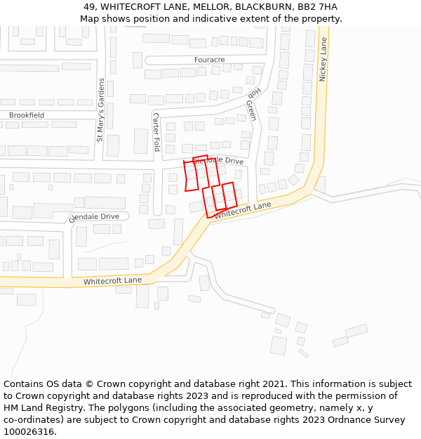 49, WHITECROFT LANE, MELLOR, BLACKBURN, BB2 7HA: Location map and indicative extent of plot