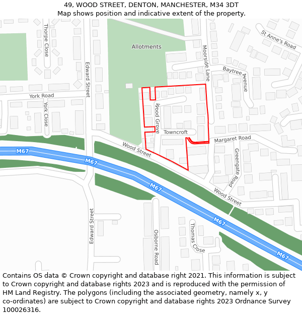 49, WOOD STREET, DENTON, MANCHESTER, M34 3DT: Location map and indicative extent of plot