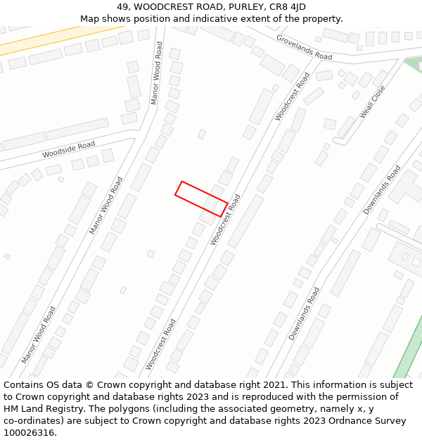 49, WOODCREST ROAD, PURLEY, CR8 4JD: Location map and indicative extent of plot