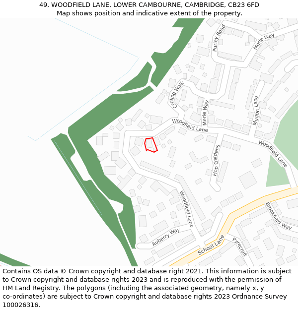 49, WOODFIELD LANE, LOWER CAMBOURNE, CAMBRIDGE, CB23 6FD: Location map and indicative extent of plot