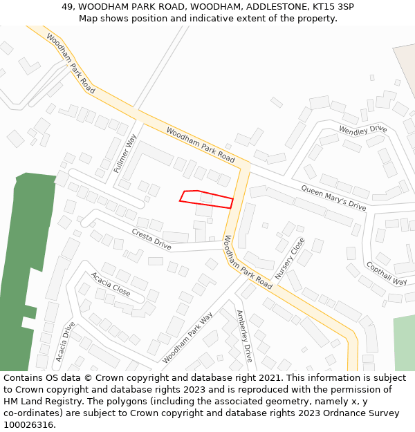 49, WOODHAM PARK ROAD, WOODHAM, ADDLESTONE, KT15 3SP: Location map and indicative extent of plot