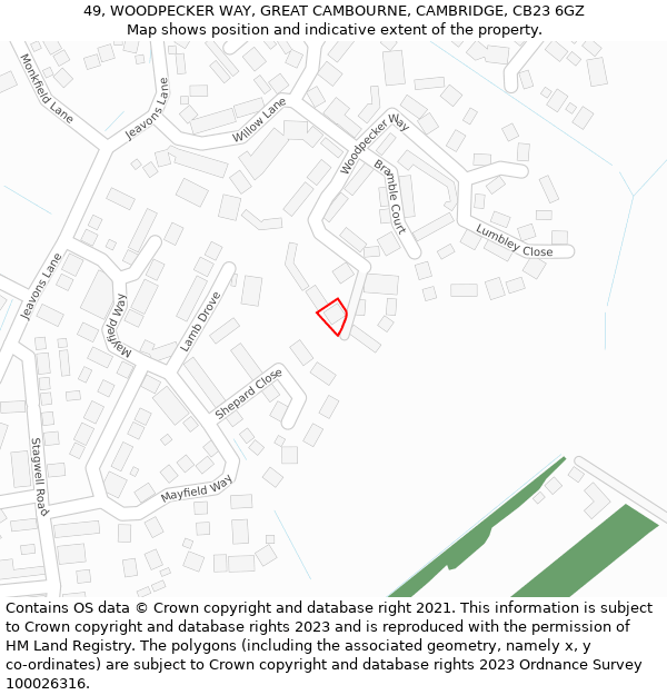 49, WOODPECKER WAY, GREAT CAMBOURNE, CAMBRIDGE, CB23 6GZ: Location map and indicative extent of plot