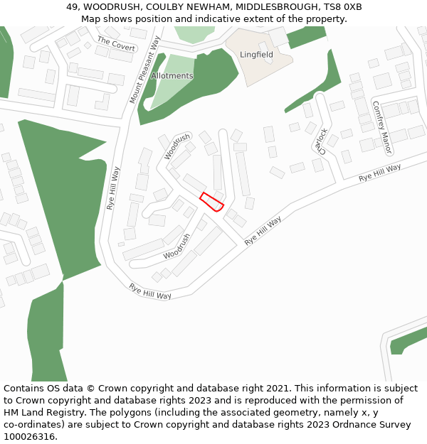 49, WOODRUSH, COULBY NEWHAM, MIDDLESBROUGH, TS8 0XB: Location map and indicative extent of plot