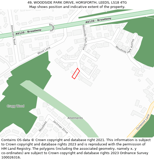49, WOODSIDE PARK DRIVE, HORSFORTH, LEEDS, LS18 4TG: Location map and indicative extent of plot