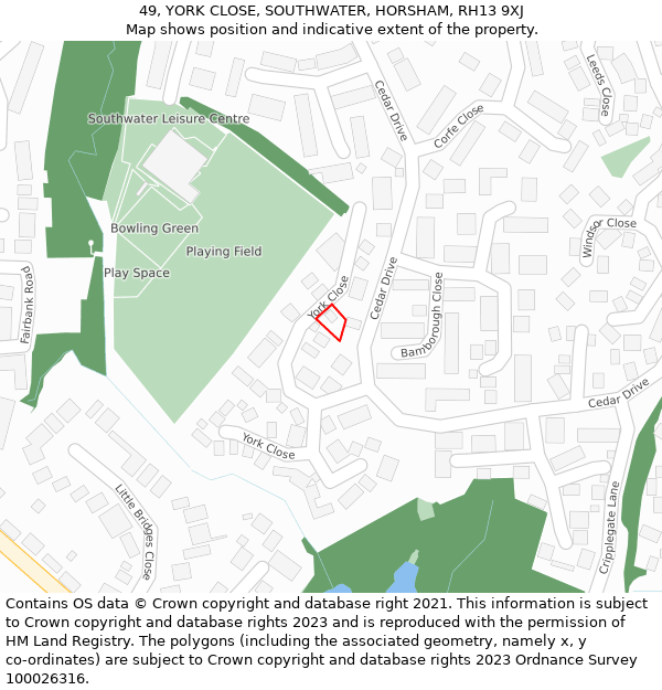 49, YORK CLOSE, SOUTHWATER, HORSHAM, RH13 9XJ: Location map and indicative extent of plot