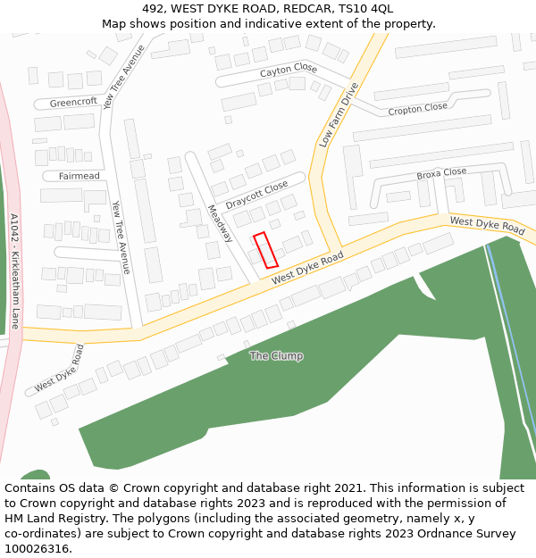 492, WEST DYKE ROAD, REDCAR, TS10 4QL: Location map and indicative extent of plot