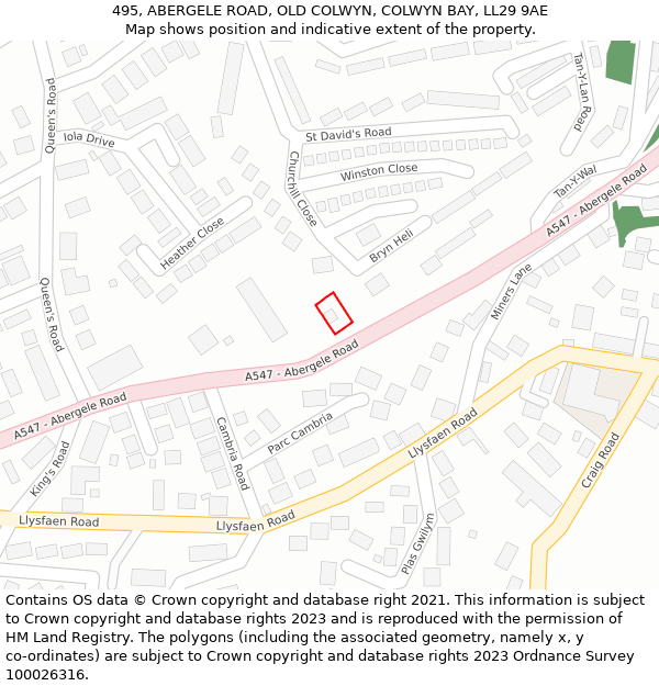 495, ABERGELE ROAD, OLD COLWYN, COLWYN BAY, LL29 9AE: Location map and indicative extent of plot