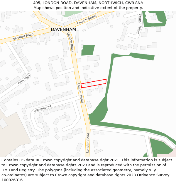 495, LONDON ROAD, DAVENHAM, NORTHWICH, CW9 8NA: Location map and indicative extent of plot