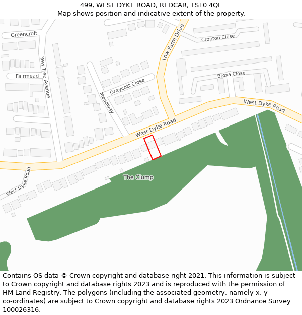 499, WEST DYKE ROAD, REDCAR, TS10 4QL: Location map and indicative extent of plot
