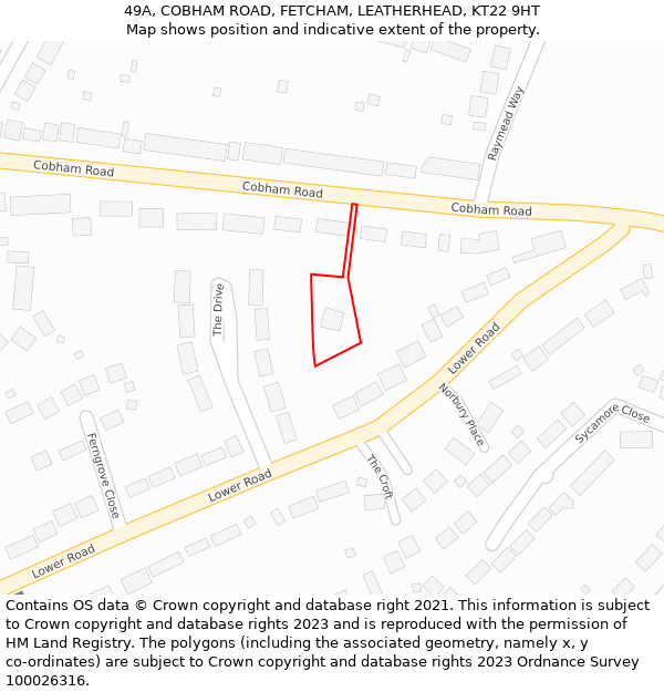 49A, COBHAM ROAD, FETCHAM, LEATHERHEAD, KT22 9HT: Location map and indicative extent of plot