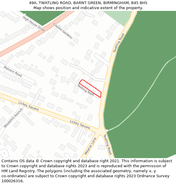 49A, TWATLING ROAD, BARNT GREEN, BIRMINGHAM, B45 8HS: Location map and indicative extent of plot