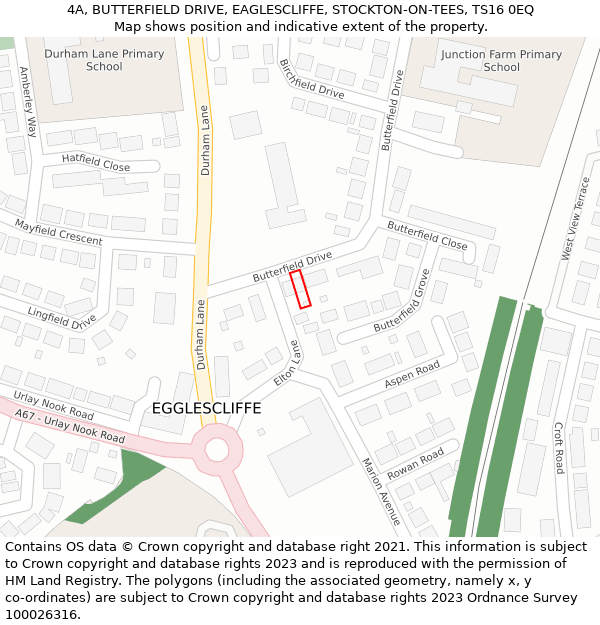 4A, BUTTERFIELD DRIVE, EAGLESCLIFFE, STOCKTON-ON-TEES, TS16 0EQ: Location map and indicative extent of plot