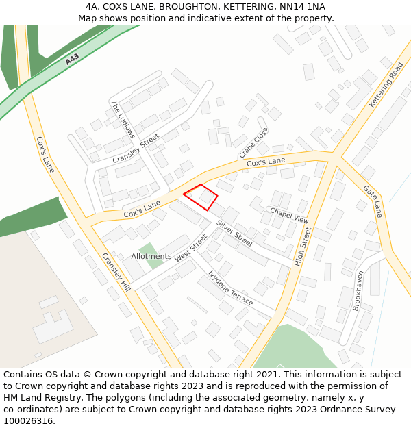 4A, COXS LANE, BROUGHTON, KETTERING, NN14 1NA: Location map and indicative extent of plot
