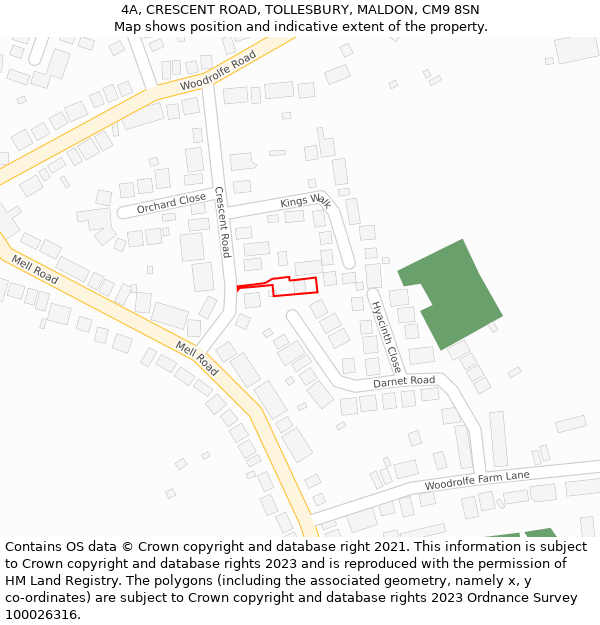 4A, CRESCENT ROAD, TOLLESBURY, MALDON, CM9 8SN: Location map and indicative extent of plot