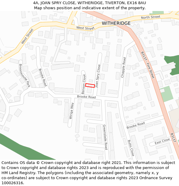 4A, JOAN SPRY CLOSE, WITHERIDGE, TIVERTON, EX16 8AU: Location map and indicative extent of plot