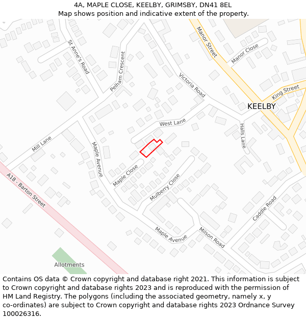 4A, MAPLE CLOSE, KEELBY, GRIMSBY, DN41 8EL: Location map and indicative extent of plot