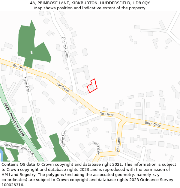 4A, PRIMROSE LANE, KIRKBURTON, HUDDERSFIELD, HD8 0QY: Location map and indicative extent of plot