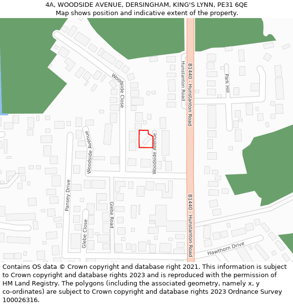 4A, WOODSIDE AVENUE, DERSINGHAM, KING'S LYNN, PE31 6QE: Location map and indicative extent of plot