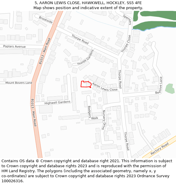 5, AARON LEWIS CLOSE, HAWKWELL, HOCKLEY, SS5 4FE: Location map and indicative extent of plot