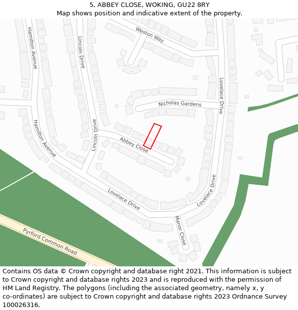5, ABBEY CLOSE, WOKING, GU22 8RY: Location map and indicative extent of plot