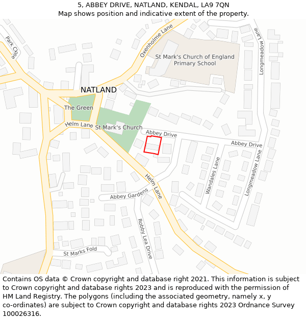 5, ABBEY DRIVE, NATLAND, KENDAL, LA9 7QN: Location map and indicative extent of plot