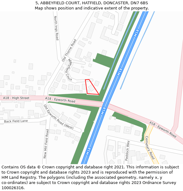 5, ABBEYFIELD COURT, HATFIELD, DONCASTER, DN7 6BS: Location map and indicative extent of plot