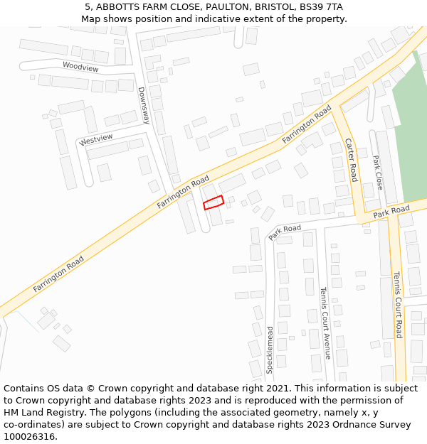 5, ABBOTTS FARM CLOSE, PAULTON, BRISTOL, BS39 7TA: Location map and indicative extent of plot